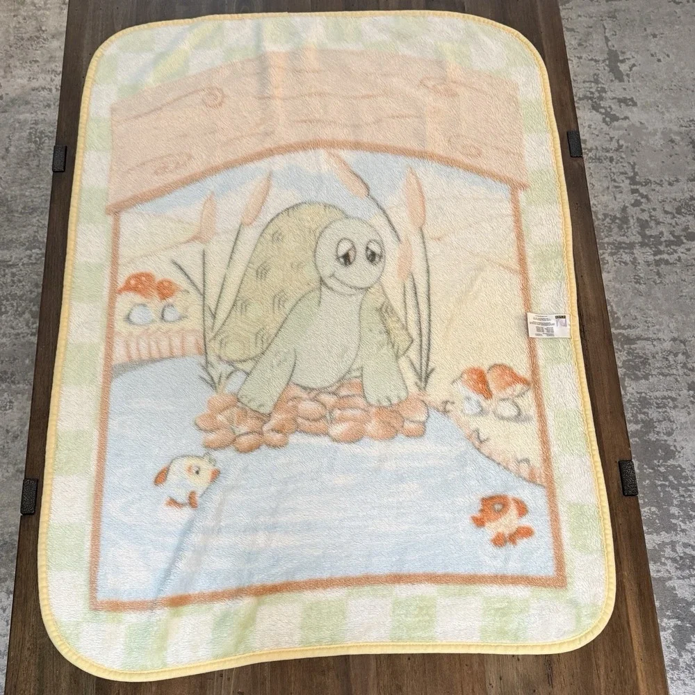 Vtg Nova Tex Baby Blanket Turtle Fish Mushrooms Rare HTF Plush Soft Crib‎